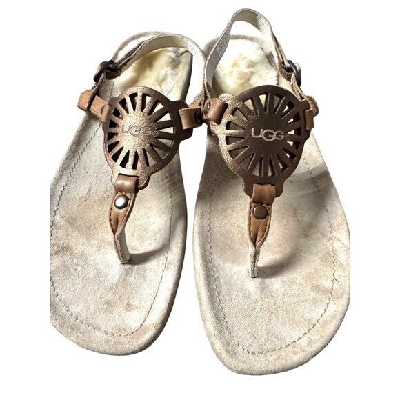 Ugg Womens 7 Sheepskin-Lined Leather Sandals With‎ Laser-Cut Design - Picture 1 of 7